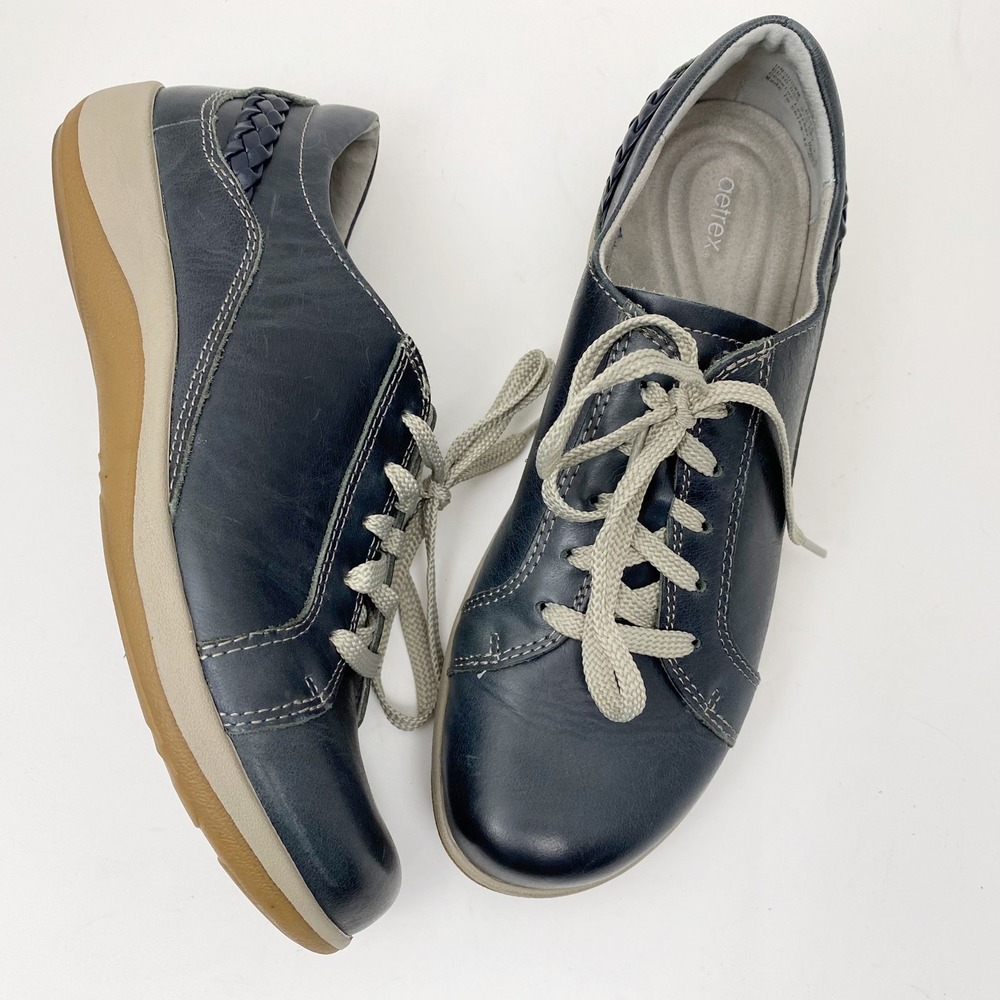 Aetrex Dana Leather Braided Lace Up Comfort Sneakers Women 9-9.5 EU 40 Navy Blue